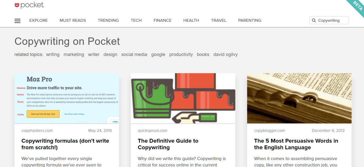 Screenshot of exploring new articles to read later in Pocket