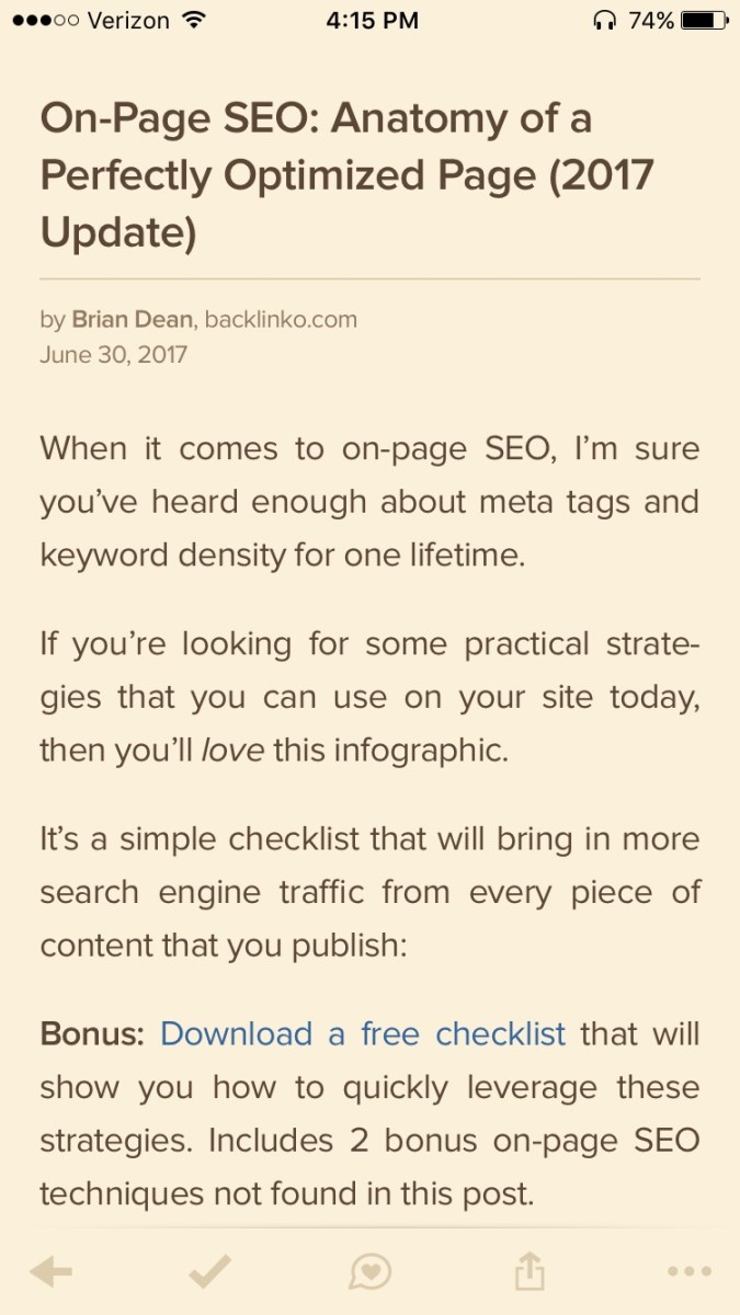 Screenshot of in-app reading mode
