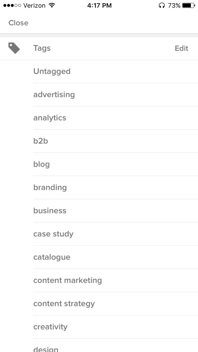 Screenshot of the tag list for your saved articles