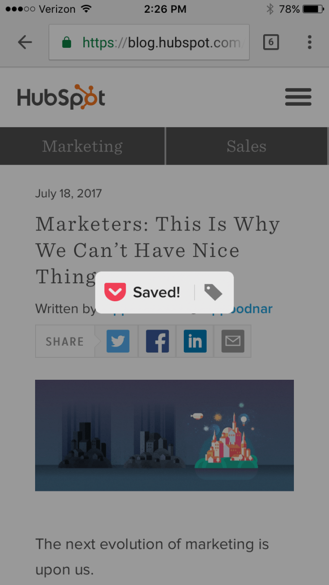 Pocket Screenshot of tagging articles to read later on mobile