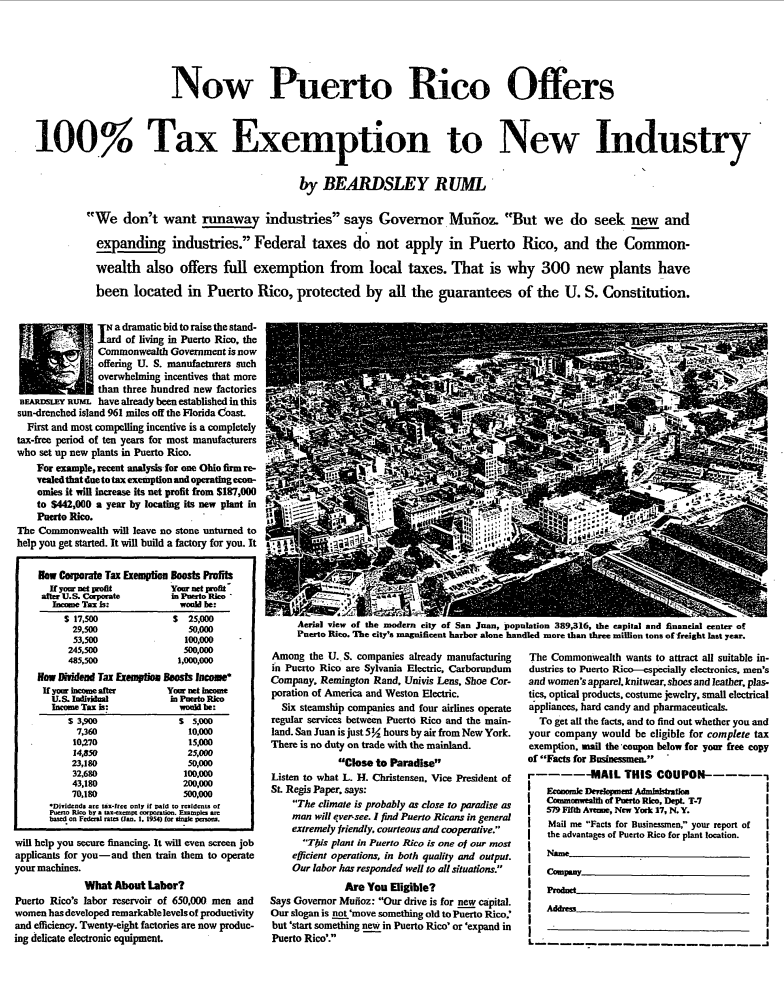 Ogilvy's ad showing Puerto Rico as a tax-exempt place to bring your industry.