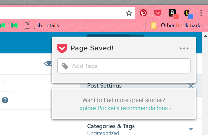 Pocket Screenshot of tagging articles to read on desktop later