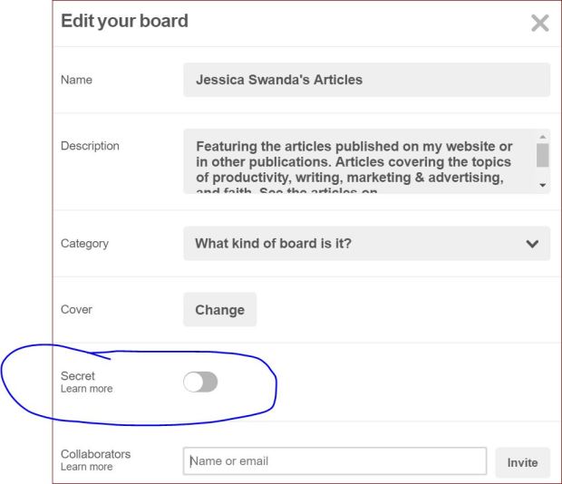Make all your personal boards that aren't relevant to your business or brand's target audience secret.